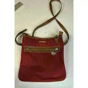 Michael Kors Red Nylon Leather Crossbody Bag Purse Size Medium Zipper